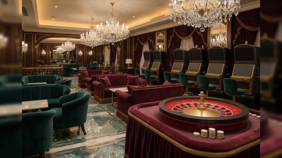 Luxurious casino lounge with roulette, chandeliers and velvet seating